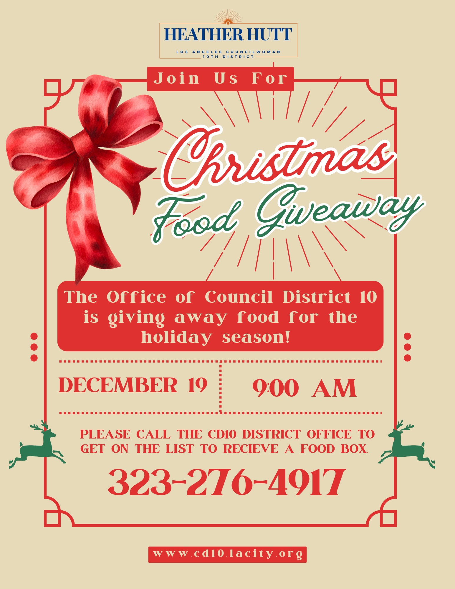 Christmas Food GiveawayDecember 19 9am Please call CD to get on list to receive a food box 323-276-4917