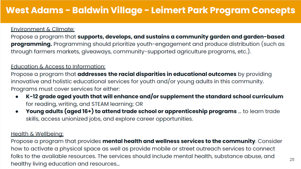 West Adams, Baldwin Village, Leimert Park program concepts